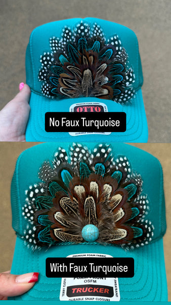 TEAL FEATHER TRUCKER HAT