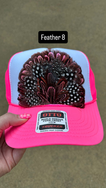HOT PINK AND WHITE FEATHER TRUCKER HAT