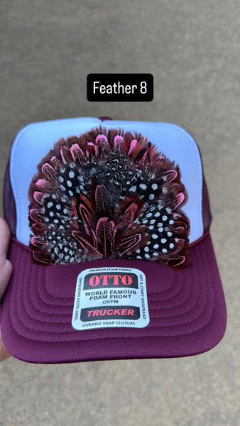 BURGUNDY AND WHITE FEATHER TRUCKER HAT