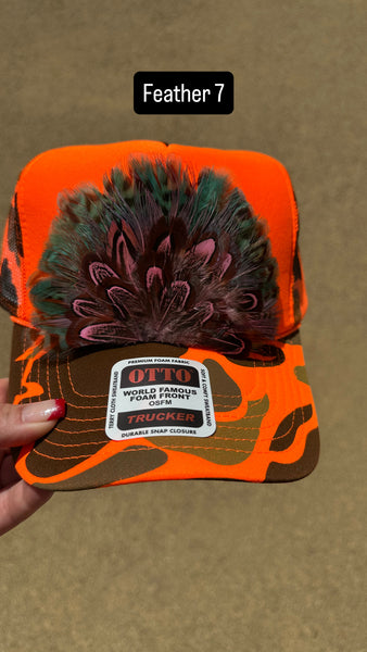 ORANGE CAMO CAMOUFLAGE FEATHER TRUCKER HAT