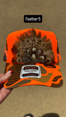 ORANGE CAMO CAMOUFLAGE FEATHER TRUCKER HAT
