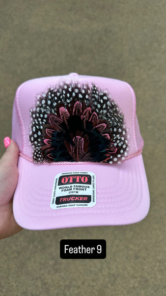 LIGHT PINK FEATHER TRUCKER HAT