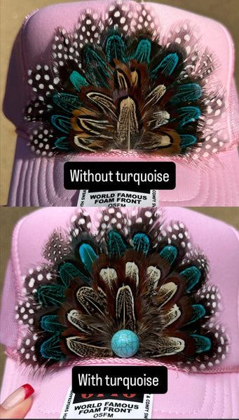LIGHT PINK FEATHER TRUCKER HAT