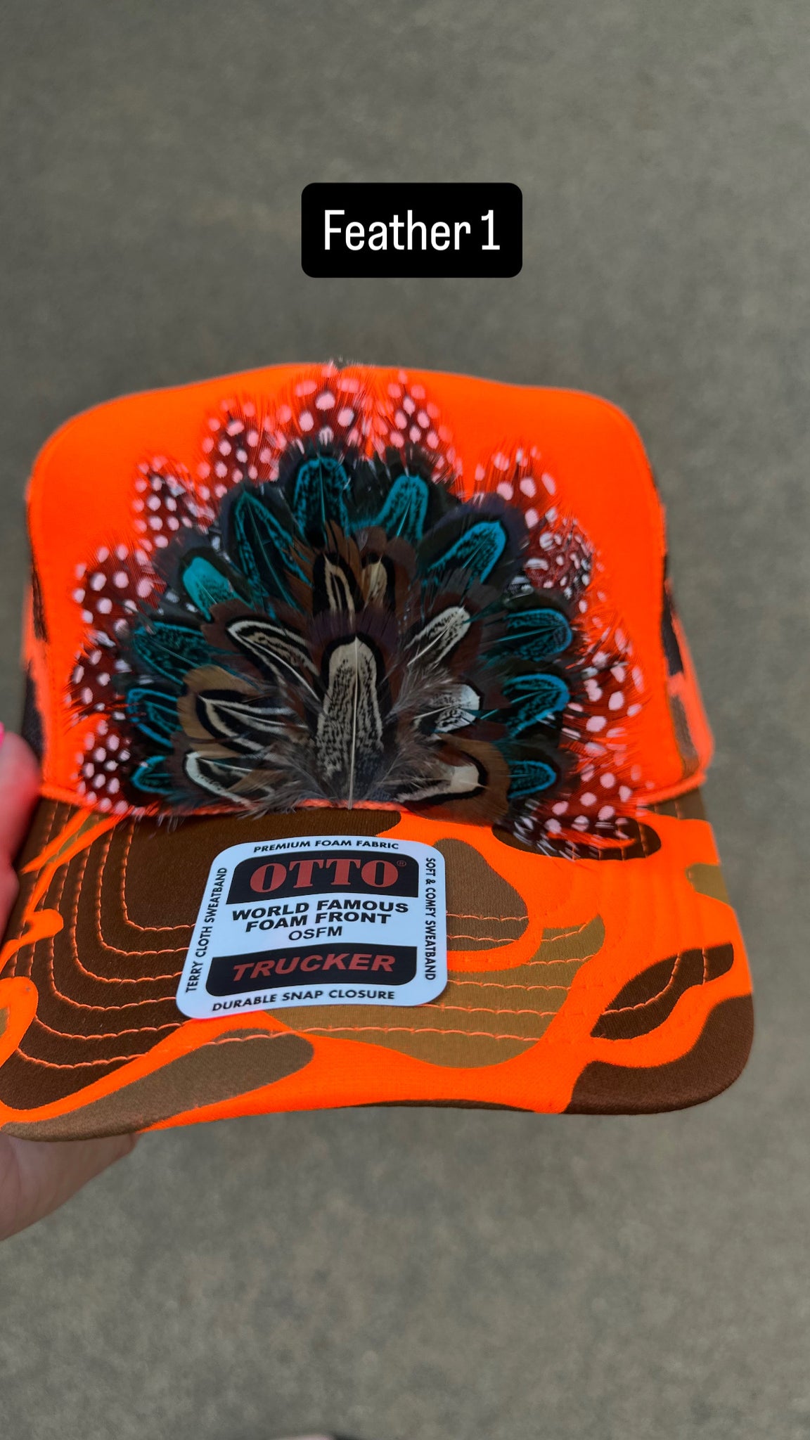ORANGE CAMO CAMOUFLAGE FEATHER TRUCKER HAT