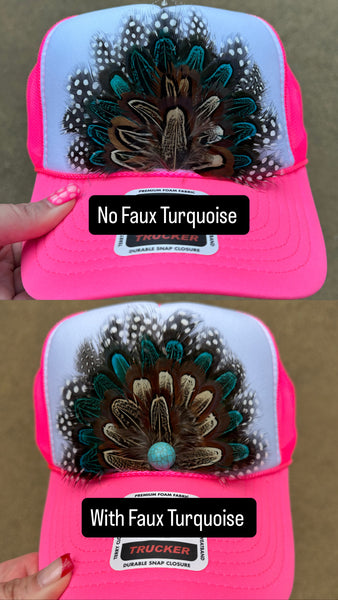 HOT PINK AND WHITE FEATHER TRUCKER HAT