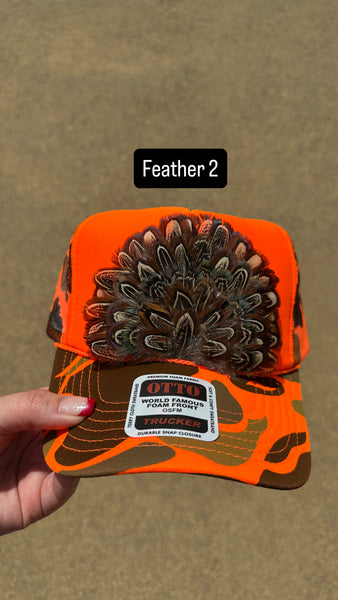 ORANGE CAMO CAMOUFLAGE FEATHER TRUCKER HAT