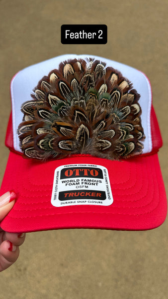RED AND WHITE FEATHER TRUCKER HAT