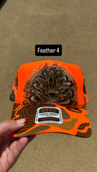 ORANGE CAMO CAMOUFLAGE FEATHER TRUCKER HAT