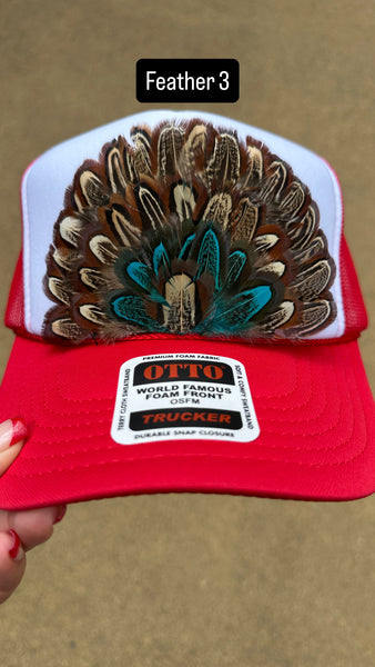 RED AND WHITE FEATHER TRUCKER HAT