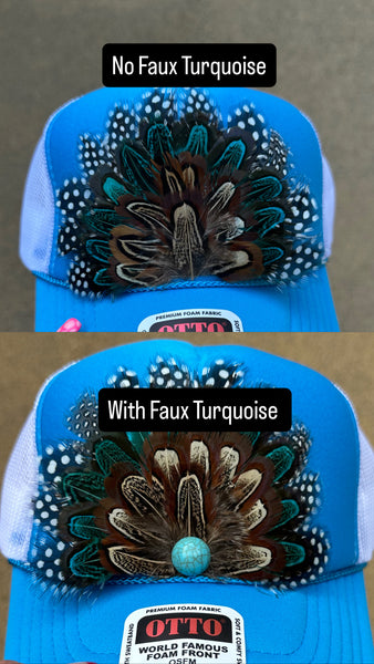 BLUE AND WHITE FEATHER TRUCKER HAT