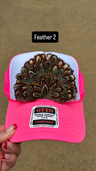 HOT PINK AND WHITE FEATHER TRUCKER HAT
