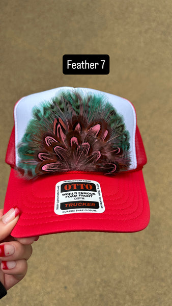 RED AND WHITE FEATHER TRUCKER HAT