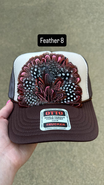 BROWN AND TAN FEATHER TRUCKER HAT