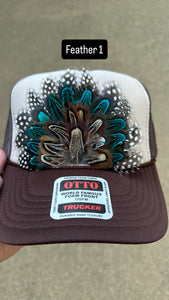 BROWN AND TAN FEATHER TRUCKER HAT