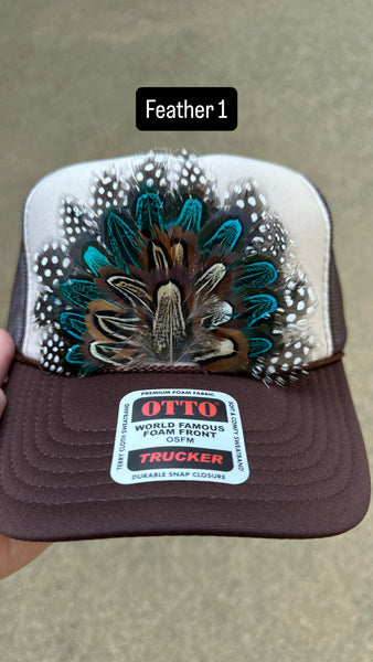 BROWN AND TAN FEATHER TRUCKER HAT