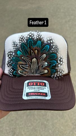 BROWN AND TAN FEATHER TRUCKER HAT