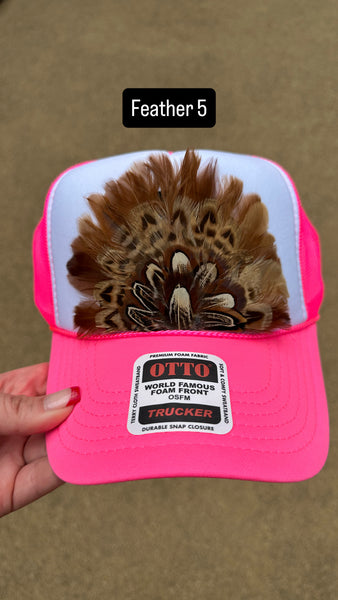 HOT PINK AND WHITE FEATHER TRUCKER HAT