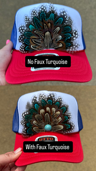 RED WHITE AND BLUE FEATHER TRUCKER HAT