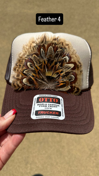 BROWN AND TAN FEATHER TRUCKER HAT