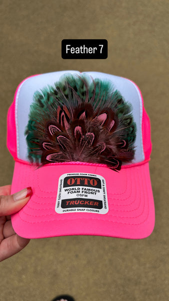 HOT PINK AND WHITE FEATHER TRUCKER HAT