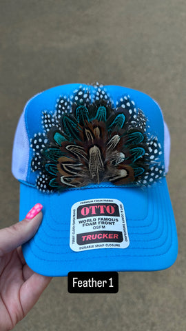 BLUE AND WHITE FEATHER TRUCKER HAT