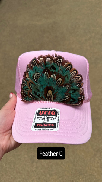 LIGHT PINK FEATHER TRUCKER HAT