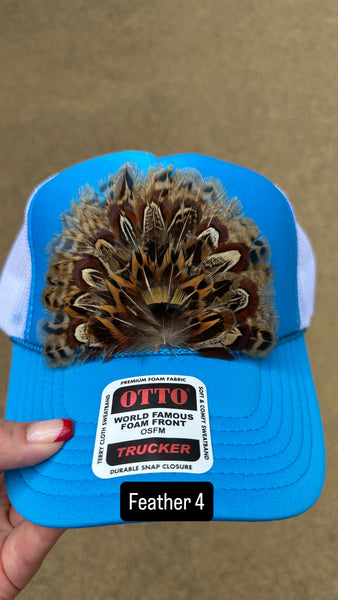 BLUE AND WHITE FEATHER TRUCKER HAT