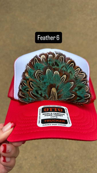 RED AND WHITE FEATHER TRUCKER HAT
