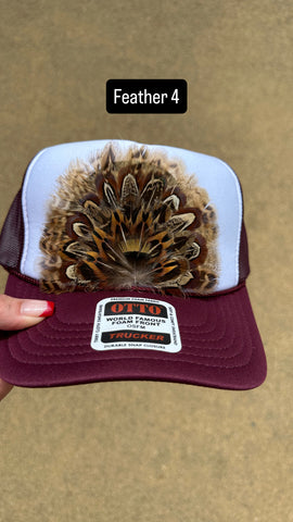 BURGUNDY AND WHITE FEATHER TRUCKER HAT