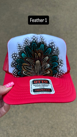 RED AND WHITE FEATHER TRUCKER HAT