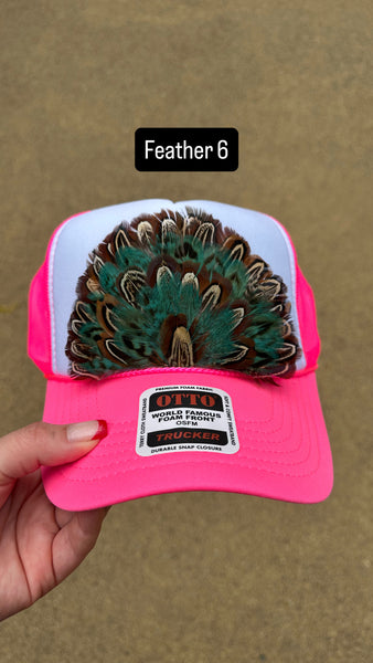 HOT PINK AND WHITE FEATHER TRUCKER HAT