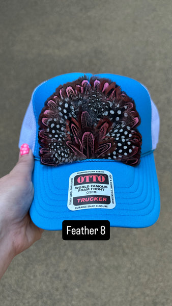 BLUE AND WHITE FEATHER TRUCKER HAT