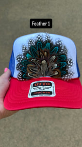 RED WHITE AND BLUE FEATHER TRUCKER HAT