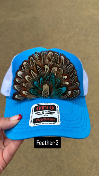 BLUE AND WHITE FEATHER TRUCKER HAT