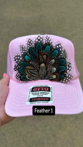 LIGHT PINK FEATHER TRUCKER HAT