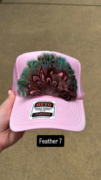 LIGHT PINK FEATHER TRUCKER HAT
