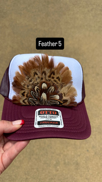 BURGUNDY AND WHITE FEATHER TRUCKER HAT