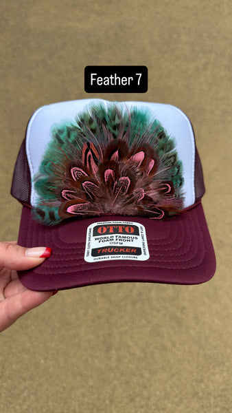 BURGUNDY AND WHITE FEATHER TRUCKER HAT
