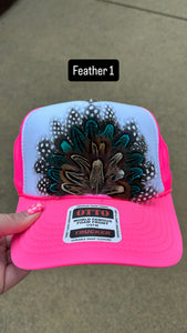 HOT PINK AND WHITE FEATHER TRUCKER HAT