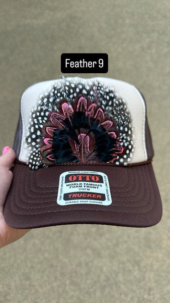 BROWN AND TAN FEATHER TRUCKER HAT