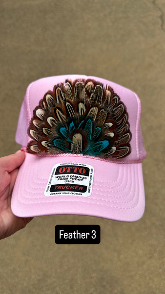 LIGHT PINK FEATHER TRUCKER HAT
