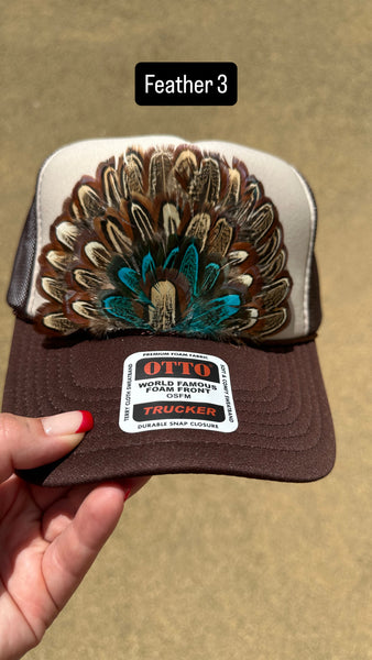 BROWN AND TAN FEATHER TRUCKER HAT