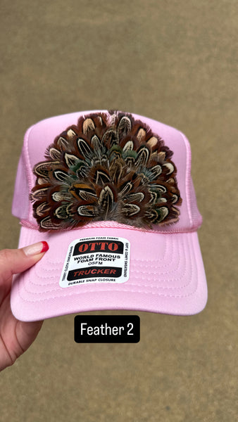 LIGHT PINK FEATHER TRUCKER HAT