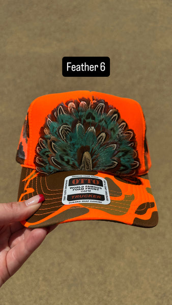 ORANGE CAMO CAMOUFLAGE FEATHER TRUCKER HAT