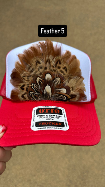 RED AND WHITE FEATHER TRUCKER HAT