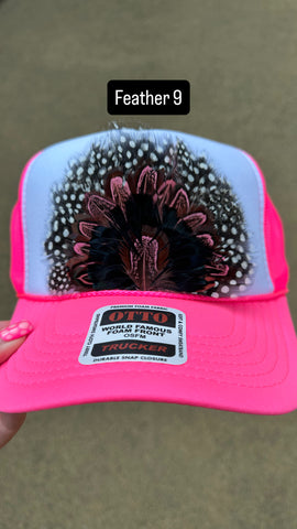 HOT PINK AND WHITE FEATHER TRUCKER HAT