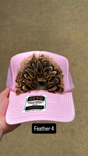LIGHT PINK FEATHER TRUCKER HAT