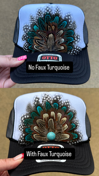BLACK AND WHITE FEATHER TRUCKER HAT