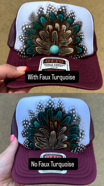 BURGUNDY AND WHITE FEATHER TRUCKER HAT