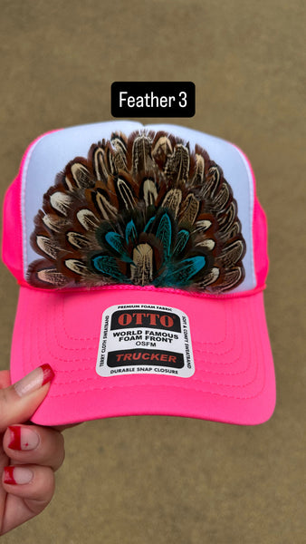 HOT PINK AND WHITE FEATHER TRUCKER HAT